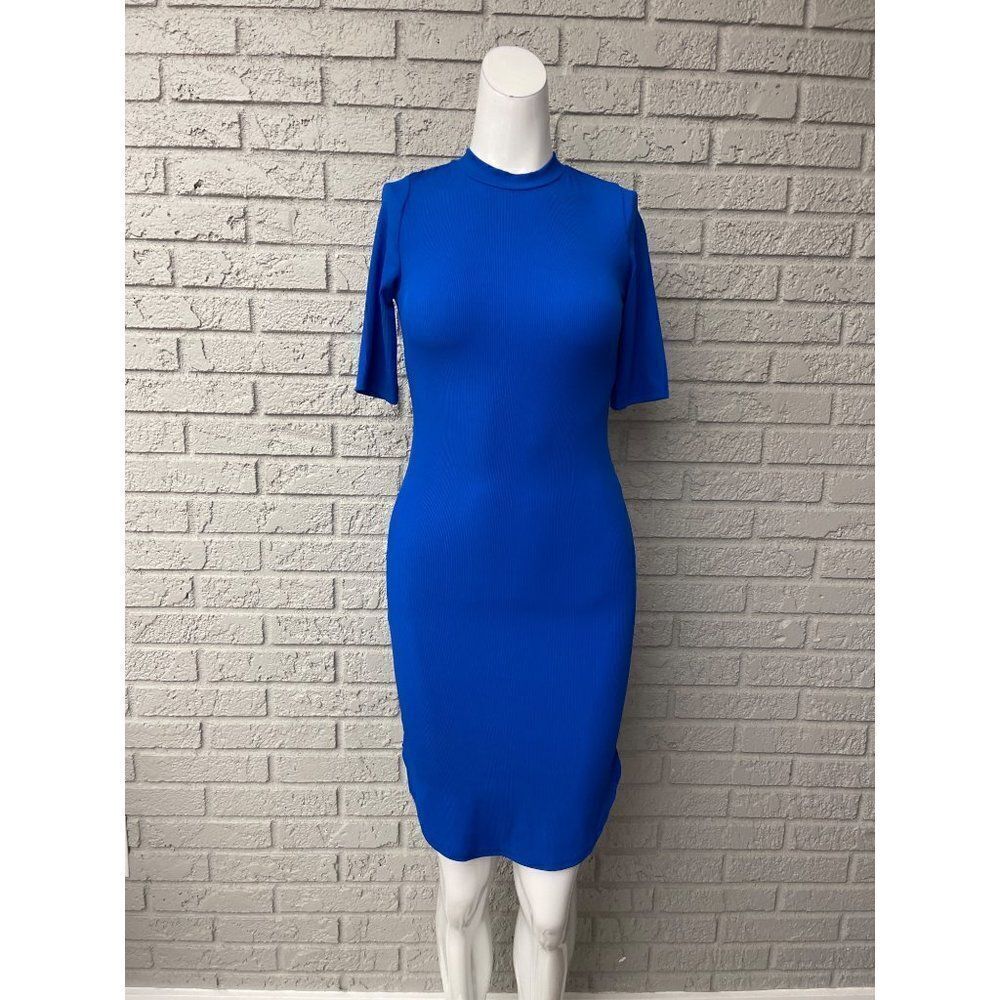 A’Gaci Blue Ribbed High Neck Hi-Low Bodycon Dress Size S